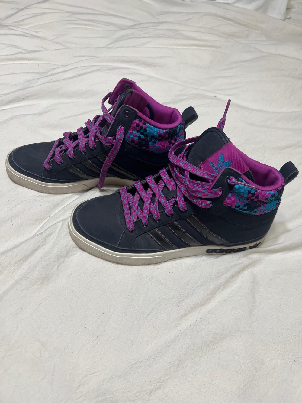 adidas Navy High-Top Sneakers with Pink & Teal Accents